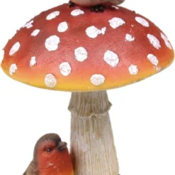 SID Tuinbeeld Paddenstoel Met Vogel Corey Rood / Wit / Bruin 8 X 8 X 16 Cm