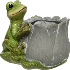Decoris Tuinbeeld Kikker Met Pot Groen / Grijs 12,8 X 17 X 15,5 Cm